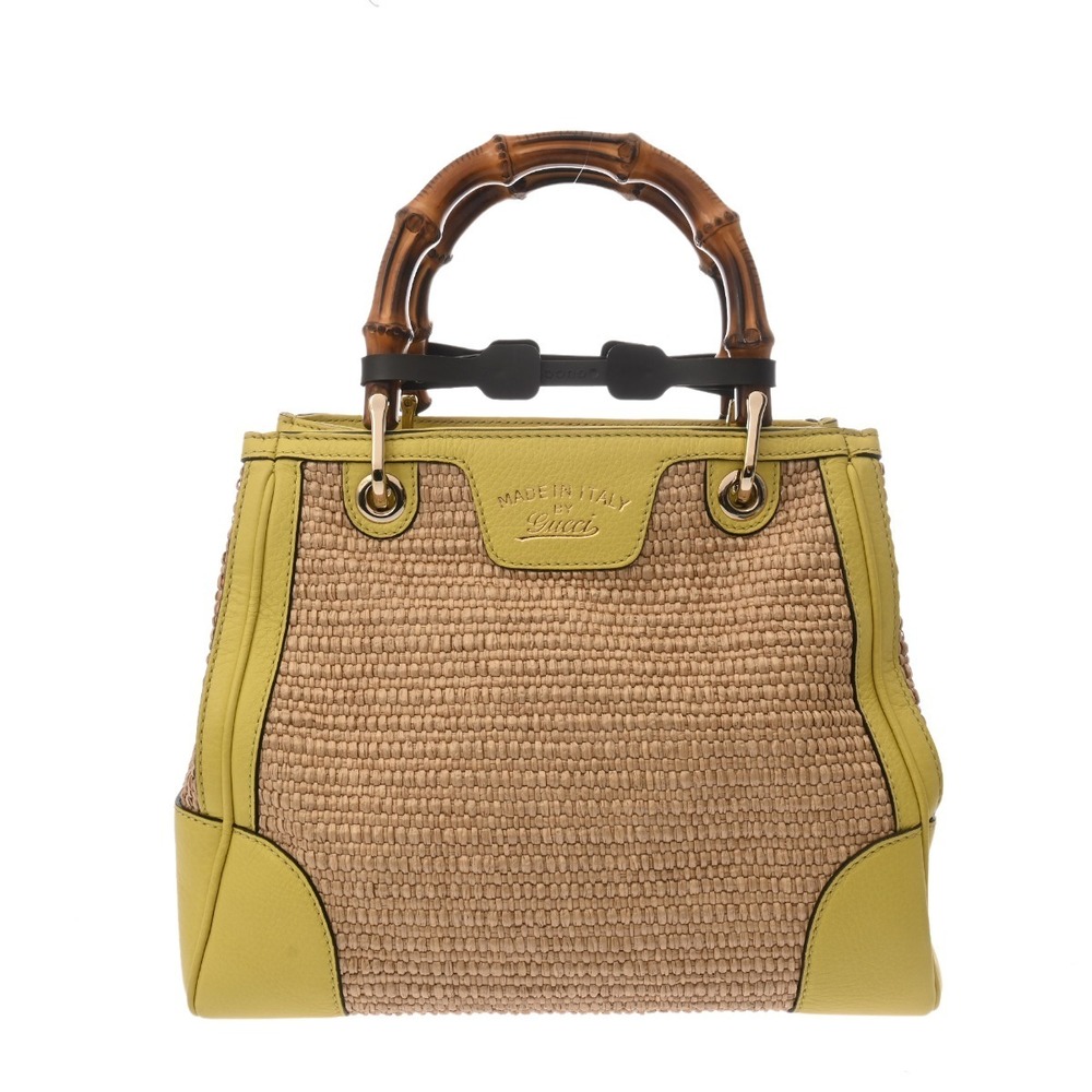 Gucci Leather Beige Yellow Tote Tan Bamboo Bag Straw Tan Handbag - Picture 2 of 10